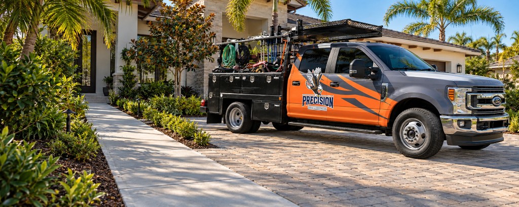Precision service truck parked in the driveway of a Central Florida home.