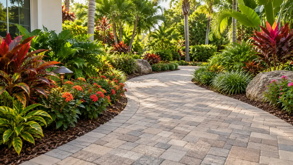 Paver walkway through a landscaped entry.