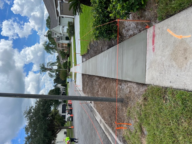 Sidewalk replacement along a residential street, with the work area marked off.