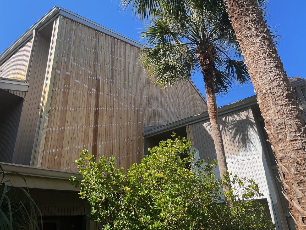 Wood siding replaced on a community building.